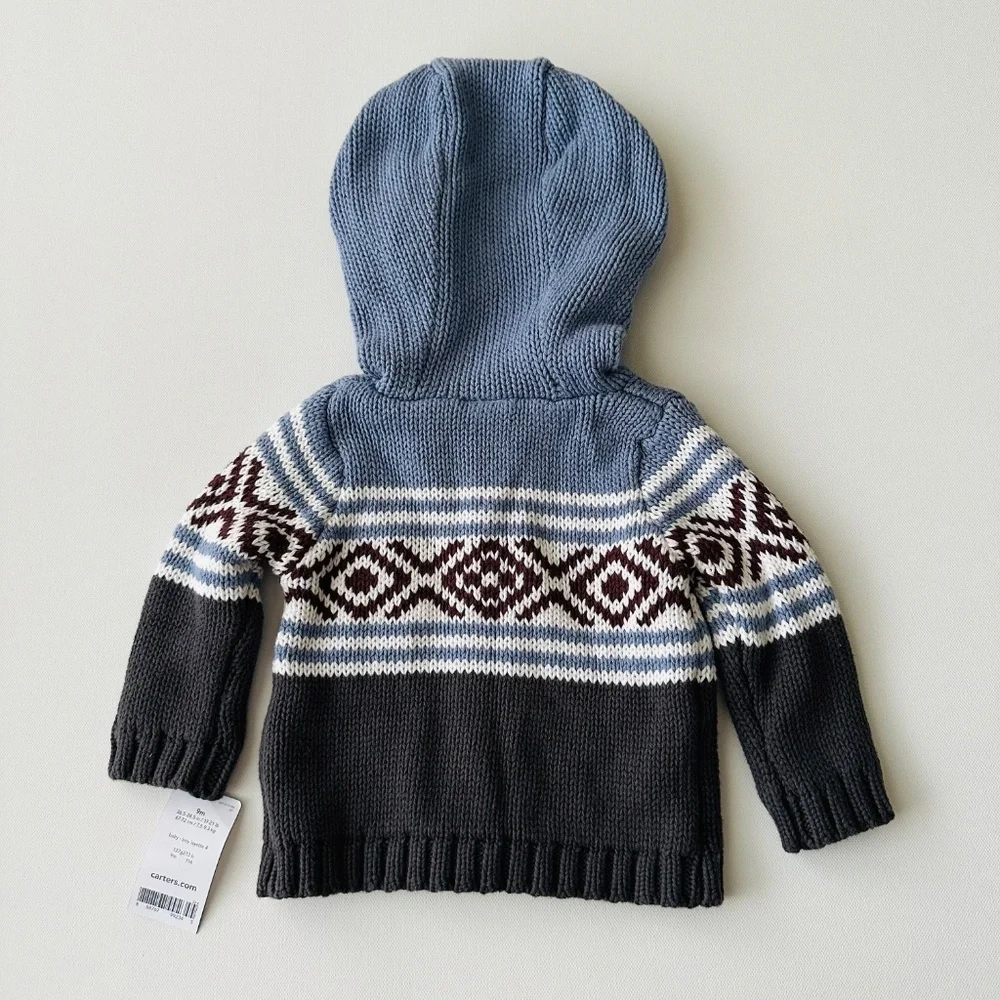 Carter’s 9 Months Baby Boy Knit Hooded Zip Cardigan Sweater Fair Isle NWT